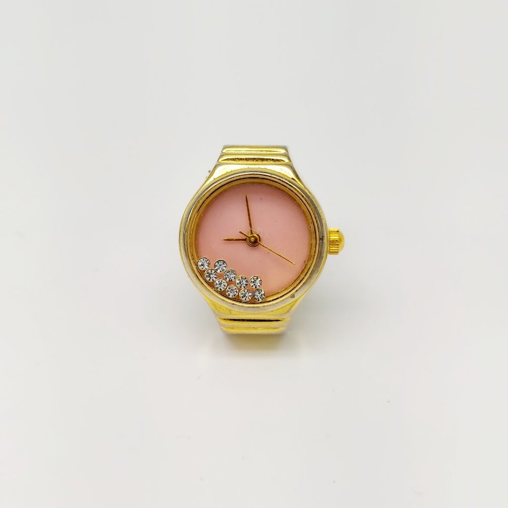 Vintage Unbranded (Pink MOP dial?) ring watch gold tone with floating crystals b